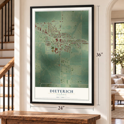 Dieterich, Illinois map, 24 x 36 inch print in a black frame by a staircase