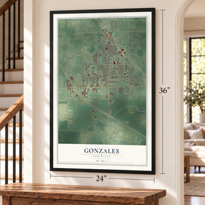 Gonzales, Louisiana map, 24 x 36 inch print in a black frame by a staircase