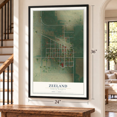 Zeeland, North Dakota map, 24 x 36 inch print in a black frame by a staircase