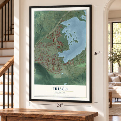 Frisco, Colorado map, 24 x 36 inch print in a black frame by a staircase