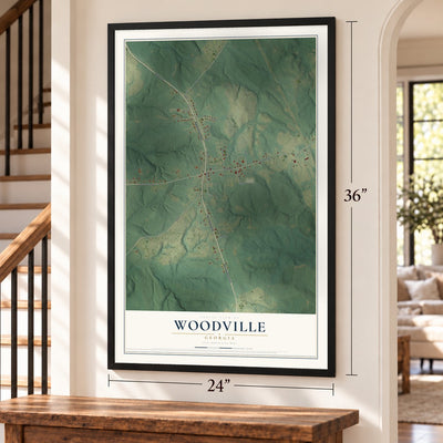 Woodville, Georgia map, 24 x 36 inch print in a black frame by a staircase