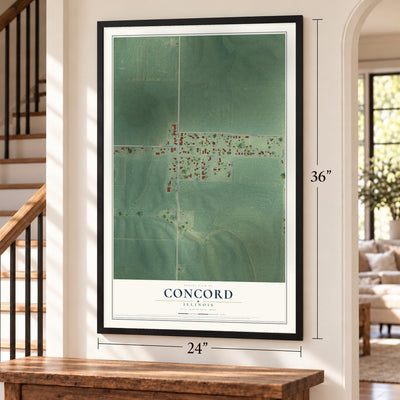 Concord, Illinois map, 24 x 36 inch print in a black frame by a staircase