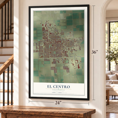 El Centro, California map, 24 x 36 inch print in a black frame by a staircase