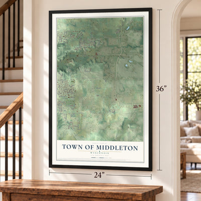 Town of Middleton, Wisconsin map, 24 x 36 inch print in a black frame by a staircase