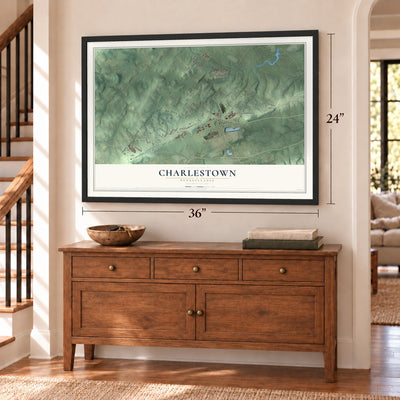 Charlestown, Pennsylvania map, 24 x 36 inch print in a black frame above a dresser by a staircase