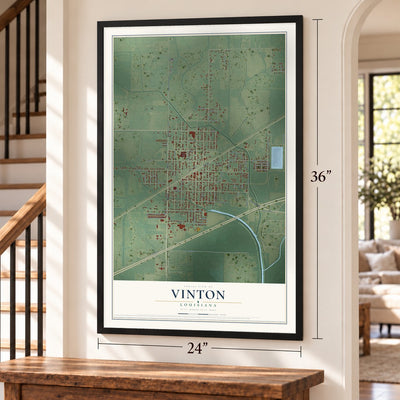 Vinton, Louisiana map, 24 x 36 inch print in a black frame by a staircase