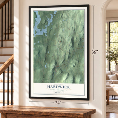 Hardwick, Massachusetts map, 24 x 36 inch print in a black frame by a staircase