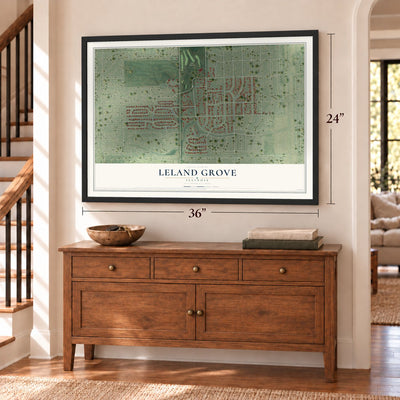 Leland Grove, Illinois map, 24 x 36 inch print in a black frame above a dresser by a staircase