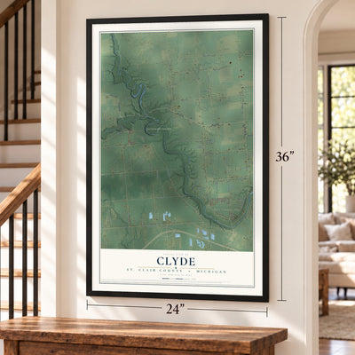 Clyde, St. Clair County, Michigan map, 24 x 36 inch print in a black frame by a staircase