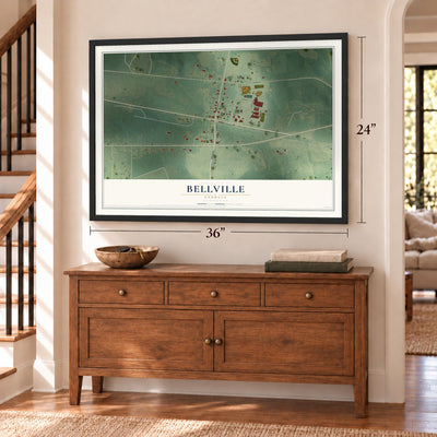 Bellville, Georgia map, 24 x 36 inch print in a black frame above a dresser by a staircase