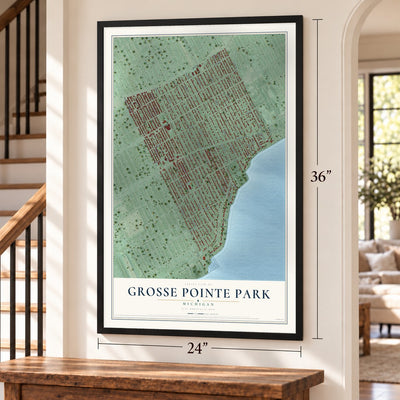 Grosse Pointe Park, Michigan map, 24 x 36 inch print in a black frame by a staircase
