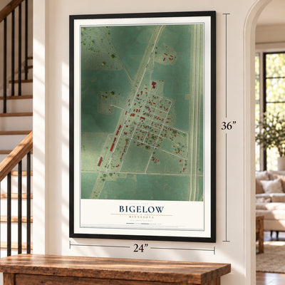 Bigelow, Minnesota map, 24 x 36 inch print in a black frame by a staircase