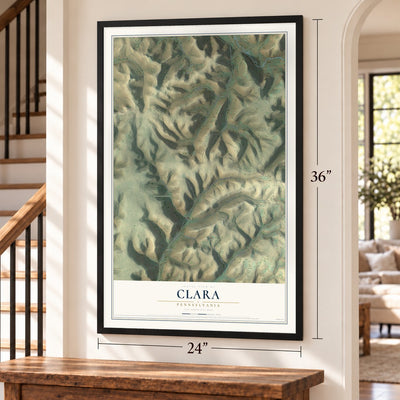 Clara, Pennsylvania map, 24 x 36 inch print in a black frame by a staircase