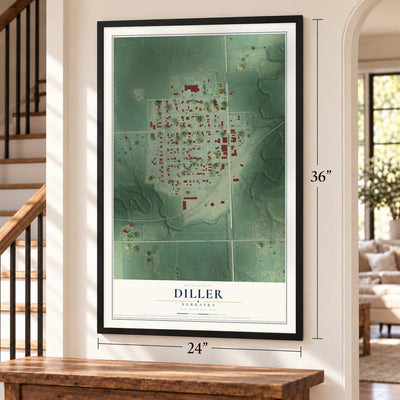 Diller, Nebraska map, 24 x 36 inch print in a black frame by a staircase