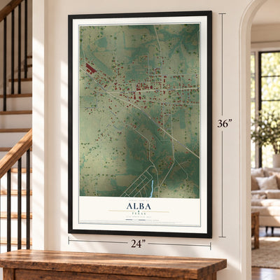 Alba, Texas map, 24 x 36 inch print in a black frame by a staircase
