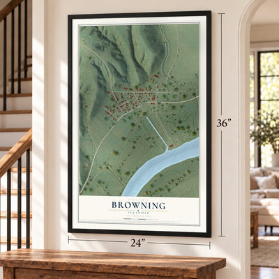 Browning, Illinois map, 24 x 36 inch print in a black frame by a staircase