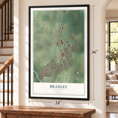 Bradley, Illinois map, 24 x 36 inch print in a black frame by a staircase