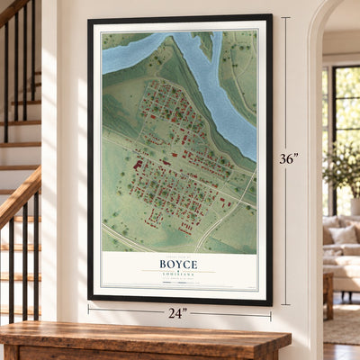 Boyce, Louisiana map, 24 x 36 inch print in a black frame by a staircase