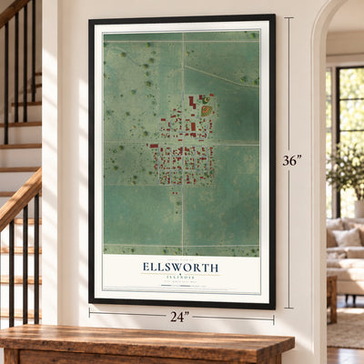 Ellsworth, Illinois map, 24 x 36 inch print in a black frame by a staircase