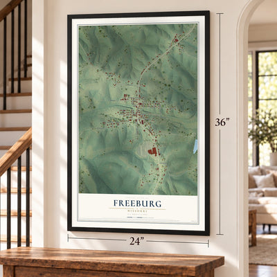Freeburg, Missouri map, 24 x 36 inch print in a black frame by a staircase