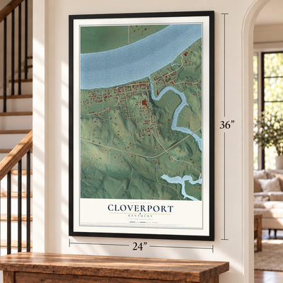 Cloverport, Kentucky map, 24 x 36 inch print in a black frame by a staircase