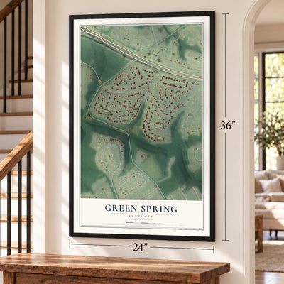 Green Spring, Kentucky map, 24 x 36 inch print in a black frame by a staircase