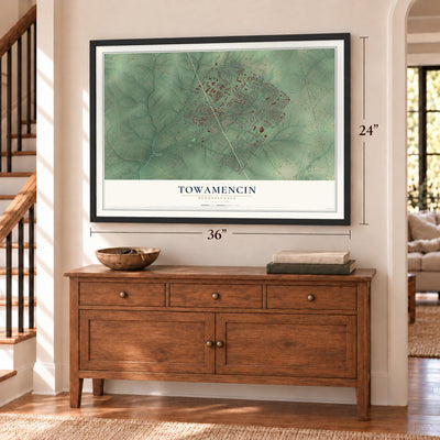 Towamencin, Pennsylvania map, 24 x 36 inch print in a black frame above a dresser by a staircase