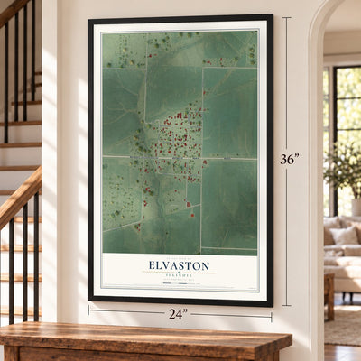Elvaston, Illinois map, 24 x 36 inch print in a black frame by a staircase