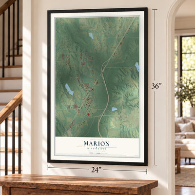 Marion, Mississippi map, 24 x 36 inch print in a black frame by a staircase