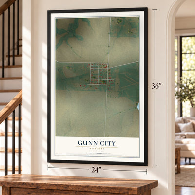 Gunn City, Missouri map, 24 x 36 inch print in a black frame by a staircase