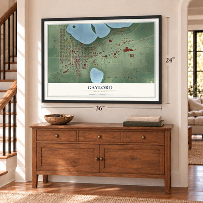 Gaylord, Minnesota map, 24 x 36 inch print in a black frame above a dresser by a staircase