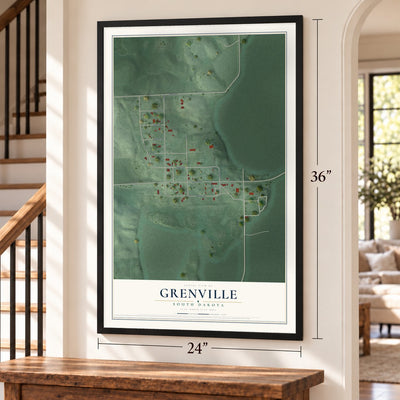 Grenville, South Dakota map, 24 x 36 inch print in a black frame by a staircase