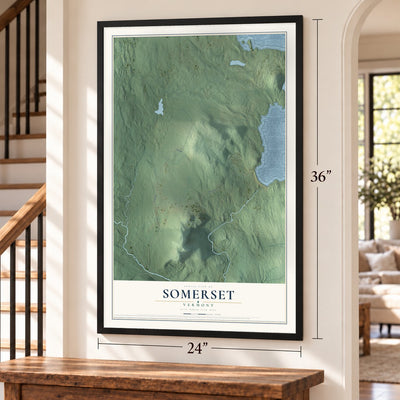 Somerset, Vermont map, 24 x 36 inch print in a black frame by a staircase