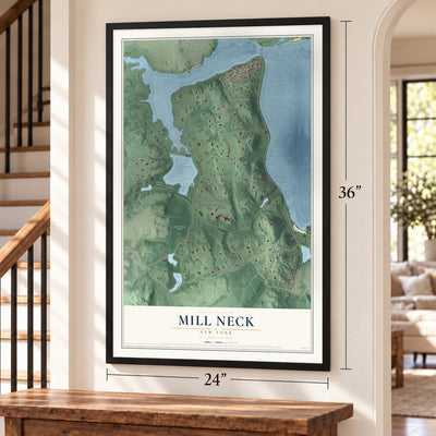 Mill Neck, New York map, 24 x 36 inch print in a black frame by a staircase