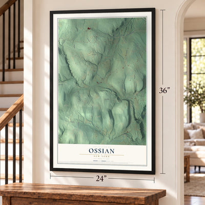 Ossian, New York map, 24 x 36 inch print in a black frame by a staircase