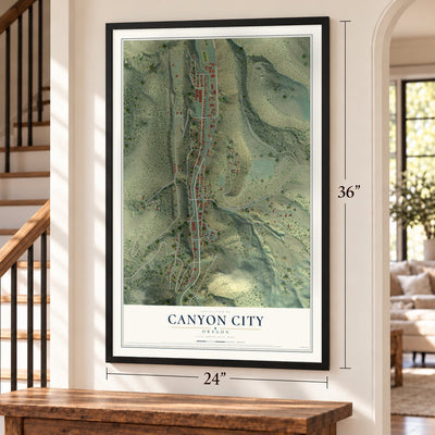 Canyon City, Oregon map, 24 x 36 inch print in a black frame by a staircase