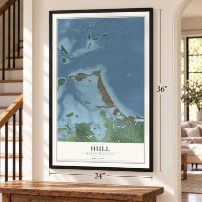 Hull, Massachusetts map, 24 x 36 inch print in a black frame by a staircase