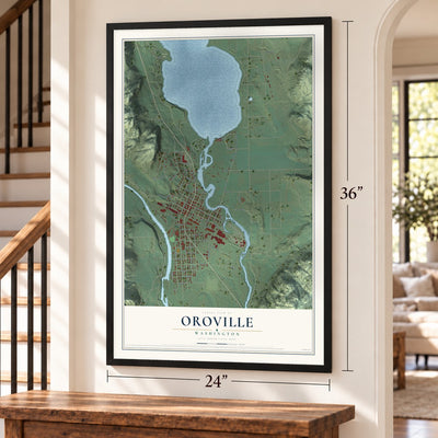 Oroville, Washington map, 24 x 36 inch print in a black frame by a staircase