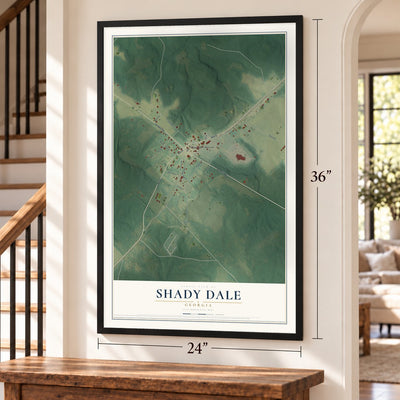 Shady Dale, Georgia map, 24 x 36 inch print in a black frame by a staircase