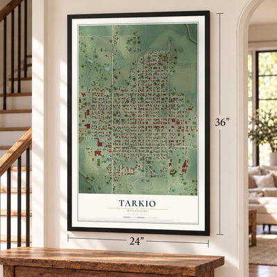 Tarkio, Missouri map, 24 x 36 inch print in a black frame by a staircase