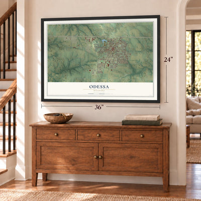Odessa, Missouri map, 24 x 36 inch print in a black frame above a dresser by a staircase