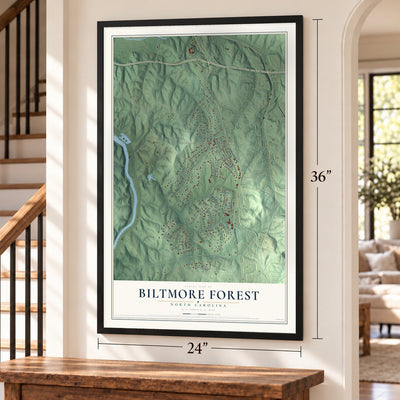 Biltmore Forest, North Carolina map, 24 x 36 inch print in a black frame by a staircase