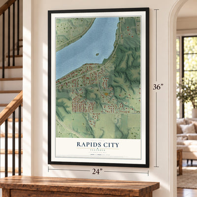 Rapids City, Illinois map, 24 x 36 inch print in a black frame by a staircase