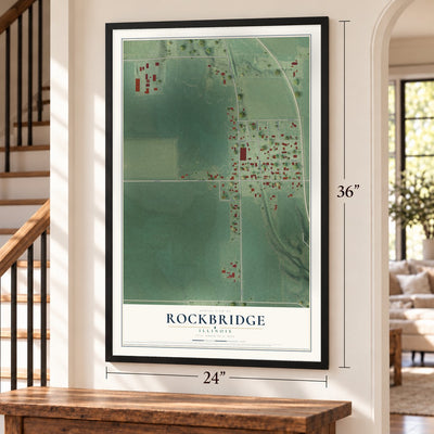 Rockbridge, Illinois map, 24 x 36 inch print in a black frame by a staircase