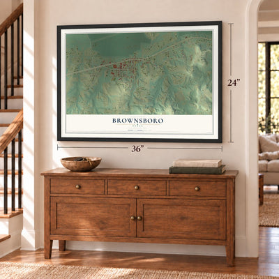 Brownsboro, Texas map, 24 x 36 inch print in a black frame above a dresser by a staircase