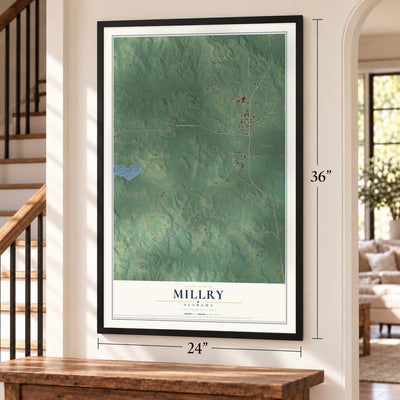Millry, Alabama map, 24 x 36 inch print in a black frame by a staircase