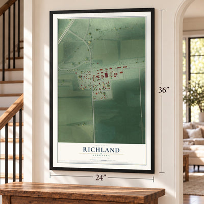 Richland, Nebraska map, 24 x 36 inch print in a black frame by a staircase