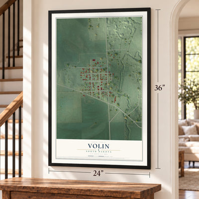 Volin, South Dakota map, 24 x 36 inch print in a black frame by a staircase