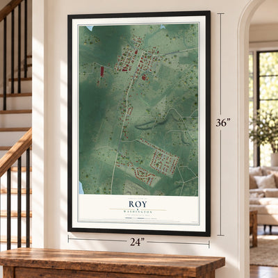 Roy, Washington map, 24 x 36 inch print in a black frame by a staircase