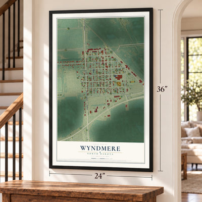 Wyndmere, North Dakota map, 24 x 36 inch print in a black frame by a staircase